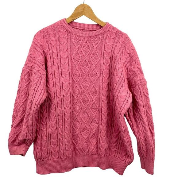 Pink Chunky Cable Knit Sweater Twisted Pullover Womens Large Oversized - Picture 1 of 8